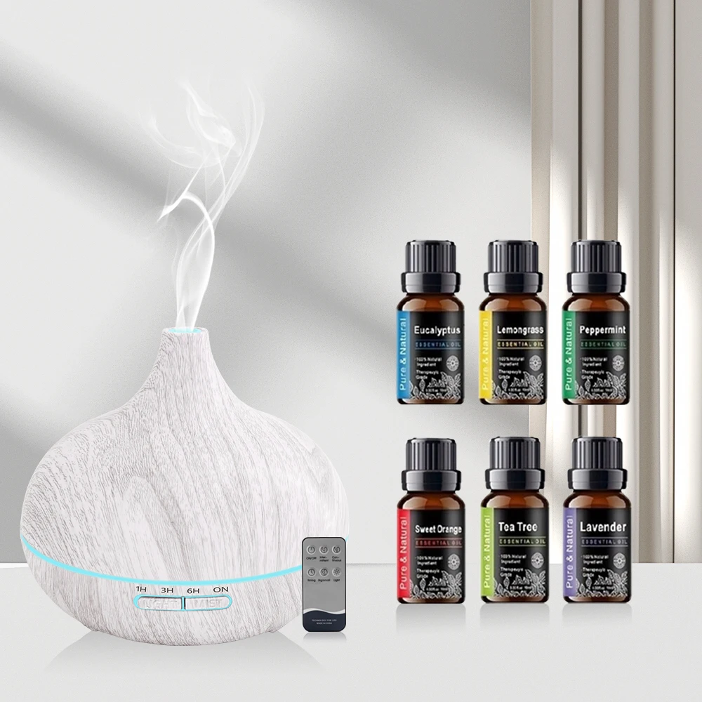 

Aroma Diffuser 550ml Wood Grain Ultrasonic Essential Oil Sprayer, Remote Control Air Purifier with 6 Soothing Oils for Home & O