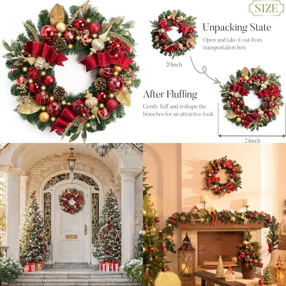 

Pre-Lit 24 Inch Christmas Wreath for Front Door, Large Outdoor Lighted Wreath with Red and Gold Decorations, Festive Holiday Ent