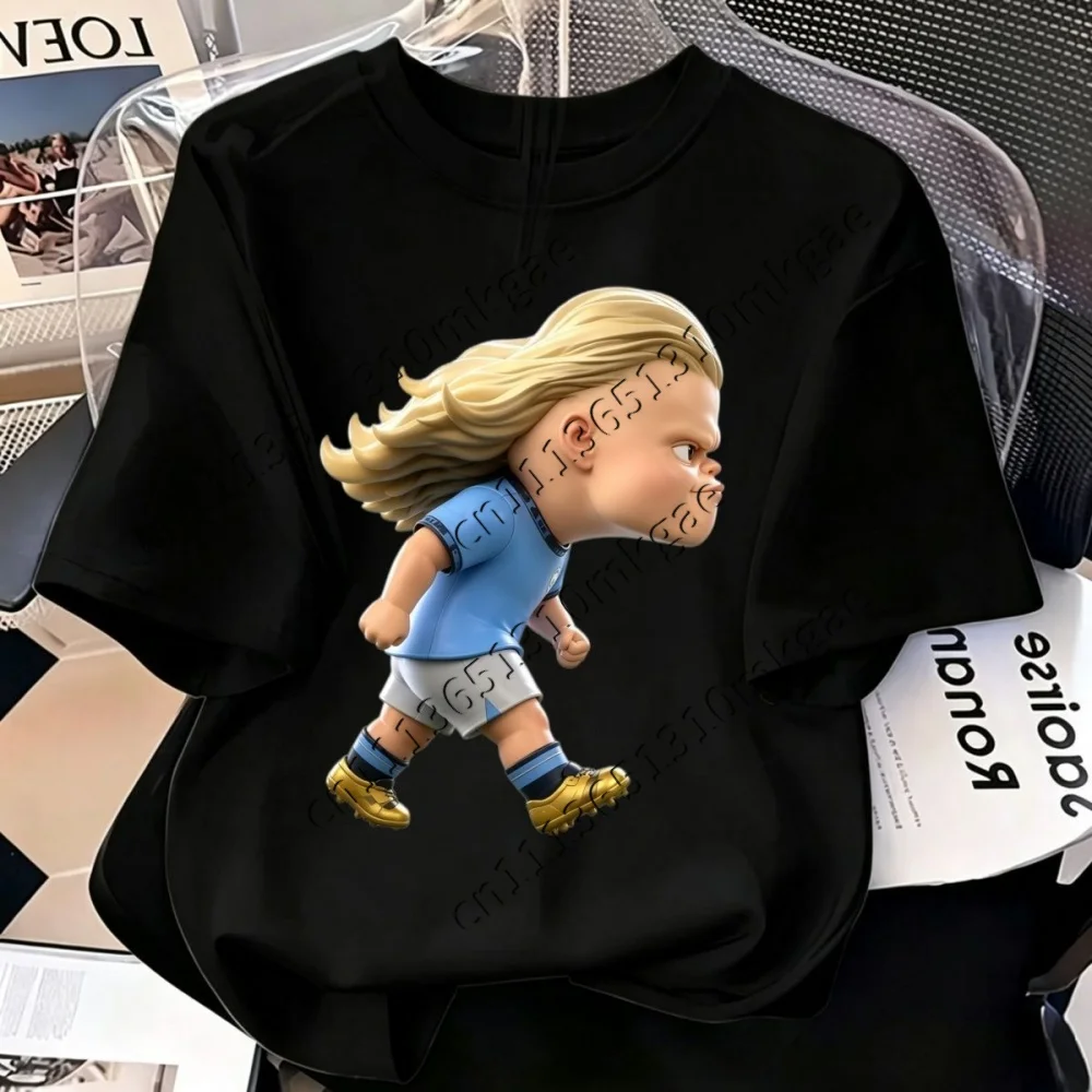 Herren Damen Freizeit Kurzarm T-Shirt Niedliche Q-Version Haaland Cartoon Fußballstar LooseTops Sportfans Kinder Alltags-Shirts – Detail 8