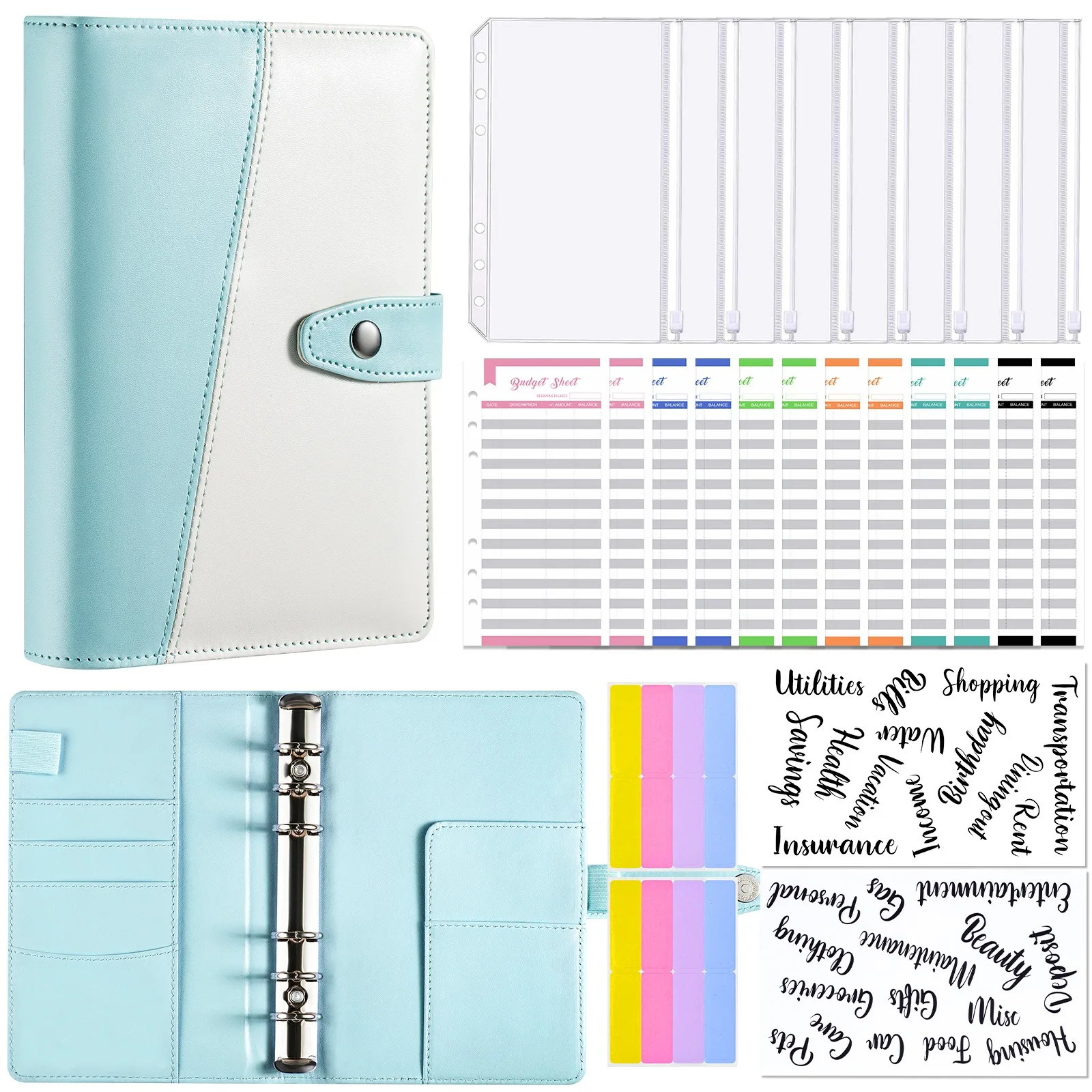 A6 Macaroon Stitching Binder Hand Book Notebook Leather PU Cash Budget Binder Notebook Contains Pockets and Stickers