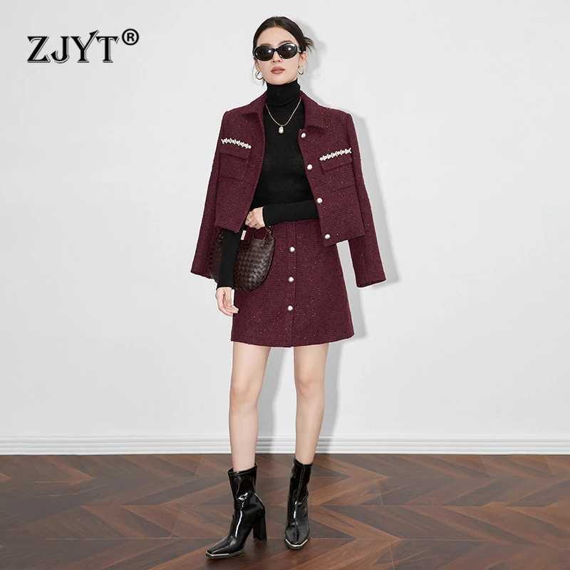 ZJYT 2024 Fashion Autumn Winter Beading Woolen Jacket Suits with Skirt Set Two Pieces Womens Outfit Elegant Party Office Suit