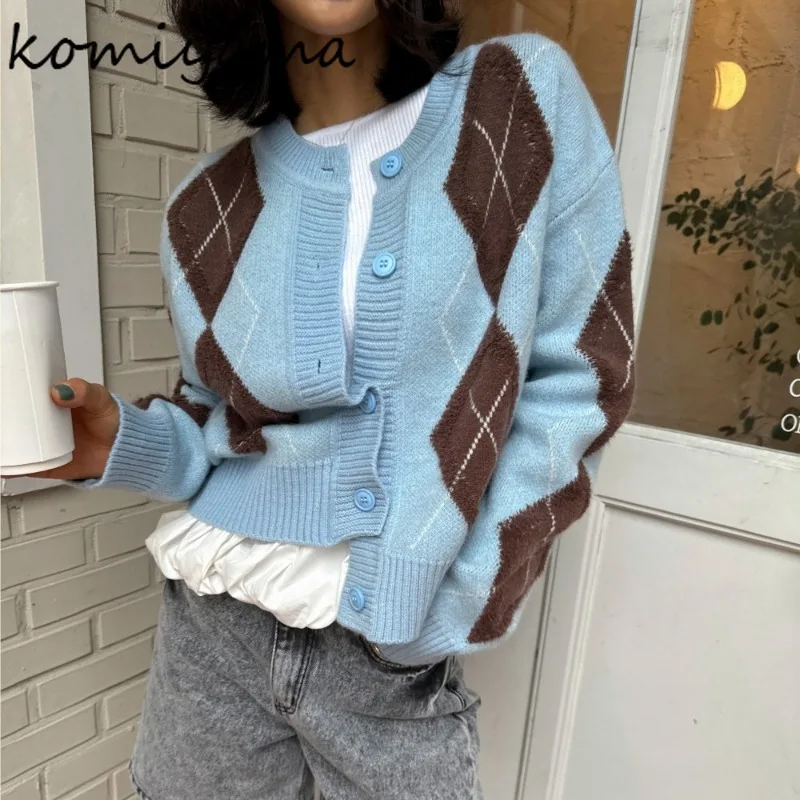 Hit Color Argyle 2025 Woman Cardigan O-neck Casual Outerwears Long Sleeve Ropa Mujer Single Breasted Cardigans Knit Sweater