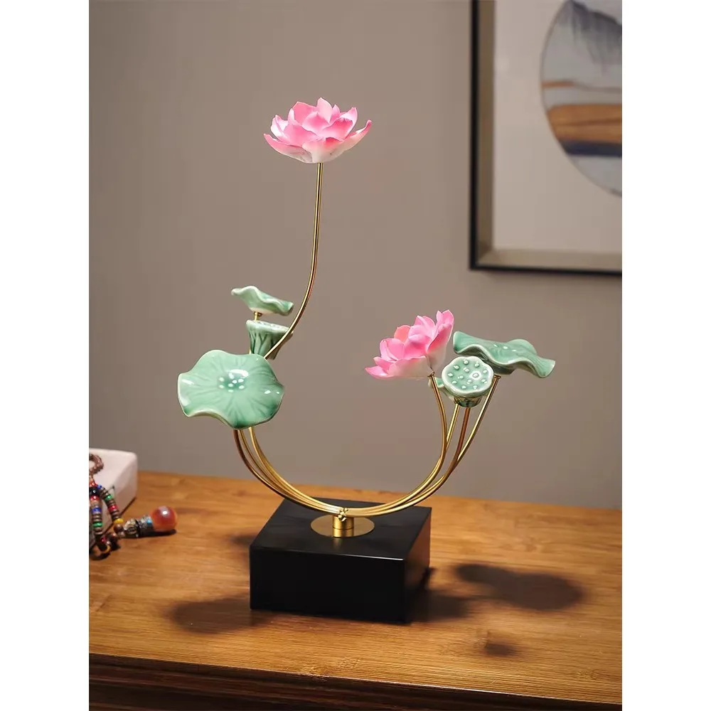 

New Chinese style Zen lotus ornaments, high-end handicrafts, ceramic lotus entrance, TV cabinet, dining table decorations