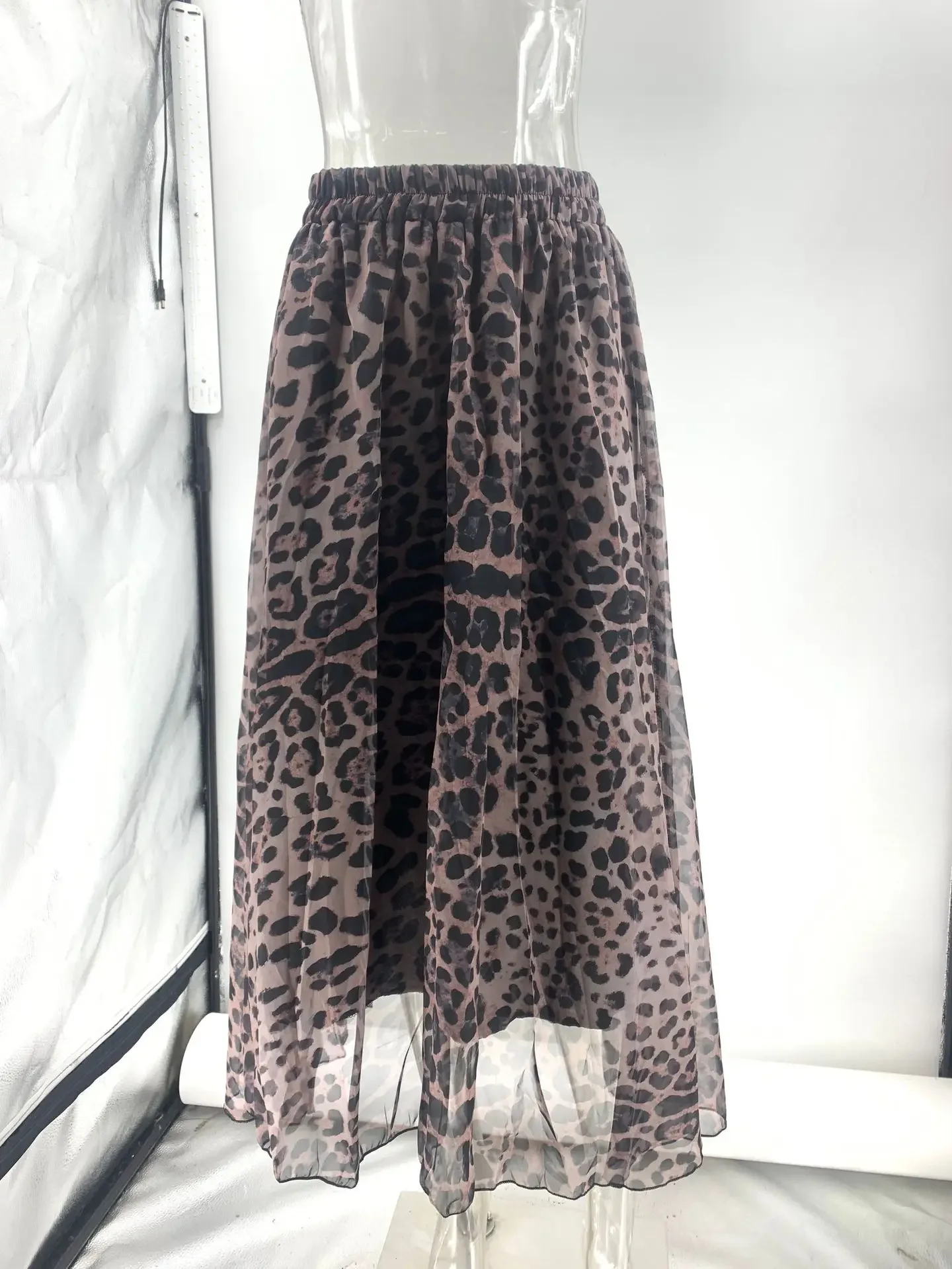 Vintage impresso leopardo impressão malha saia, saia longa do Chiffon, versátil cintura alta, elegante cintura elástica