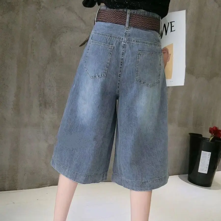 Women Summer Trendy Vintage Casual Streetwear Y2K Capris Jeans High Waist Straight Wide Leg Denim Short Pants Loose Pantalones