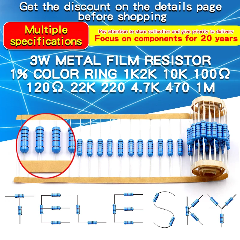 20pcs 3W Metal Film Resistor 1% 1Ω - 1MΩ 10 47 100 120 150 220 300 330 470 910 1K 2.2K 4.7K 10K 15K 20K 47K 100K 220K 470K ohm