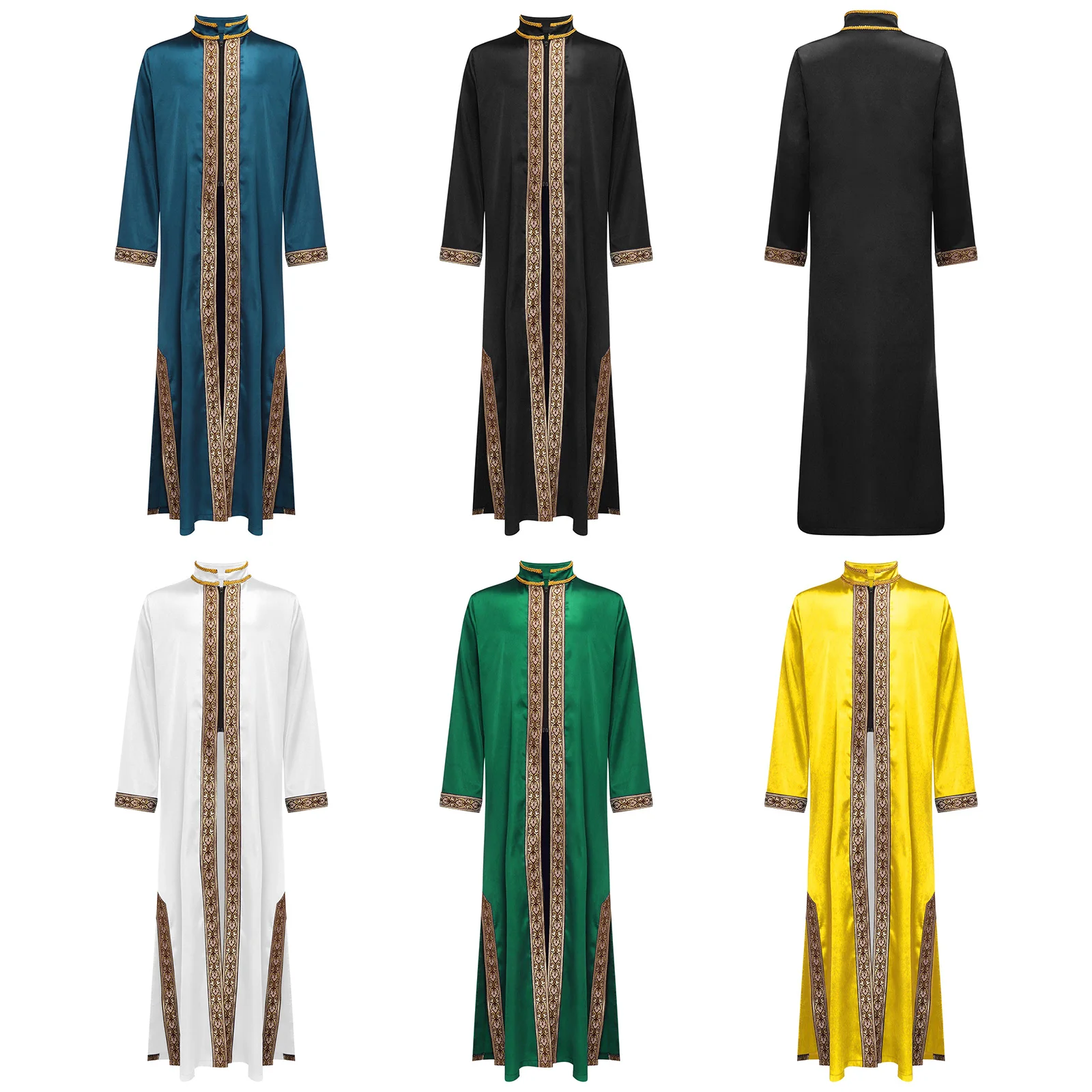 Elegant Islamic Thobe for Boys Gold Embroidery And Stand Collar Robe Perfect for Eid Festival And Religious Ceremonies