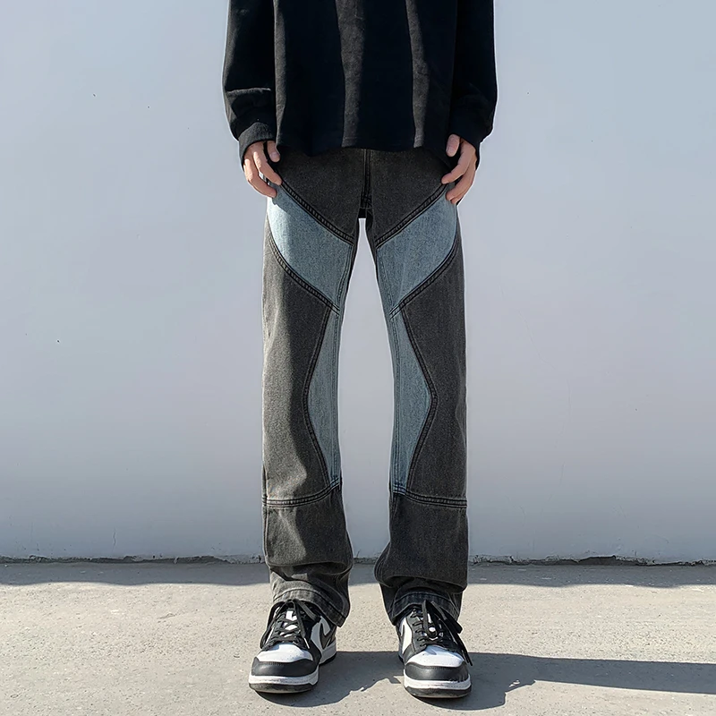 Patchwork Jeans Men Vertical Panelled Streetwear American Style Oversize Straight Spring Autumn Handsome Mopping Trousers Cozy