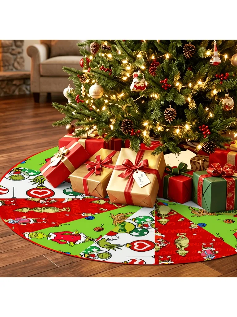 VIKAMA Grinch Weihnachtsbaum-Teppich, Runde Rutschfeste Bodenmatte, Bunter Teppich mit Cartoon-Figuren für Weihnachten, Feiertagsdekoration für Zuhause