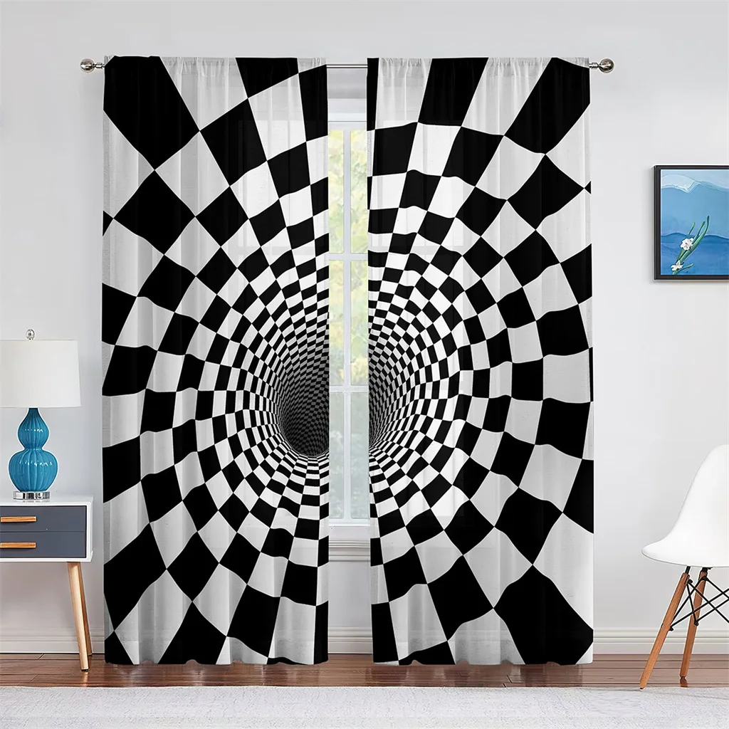 

3D Black White Checkered Vortex Curtains 2 Panels Optical Art Window Drapes Living Room Bedroom Modern Decor