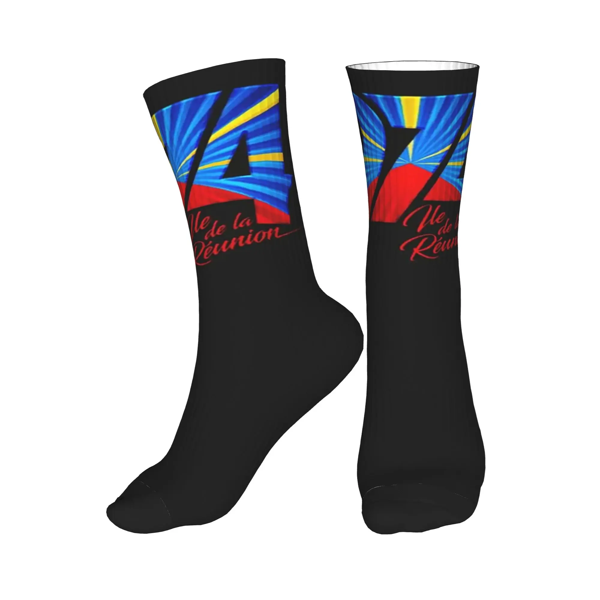 

All Seasons 974 Reunion Island Flag Sport Middle Tube Socks Sweat Absorbing Crew Socks Casual Stockings for Men Women