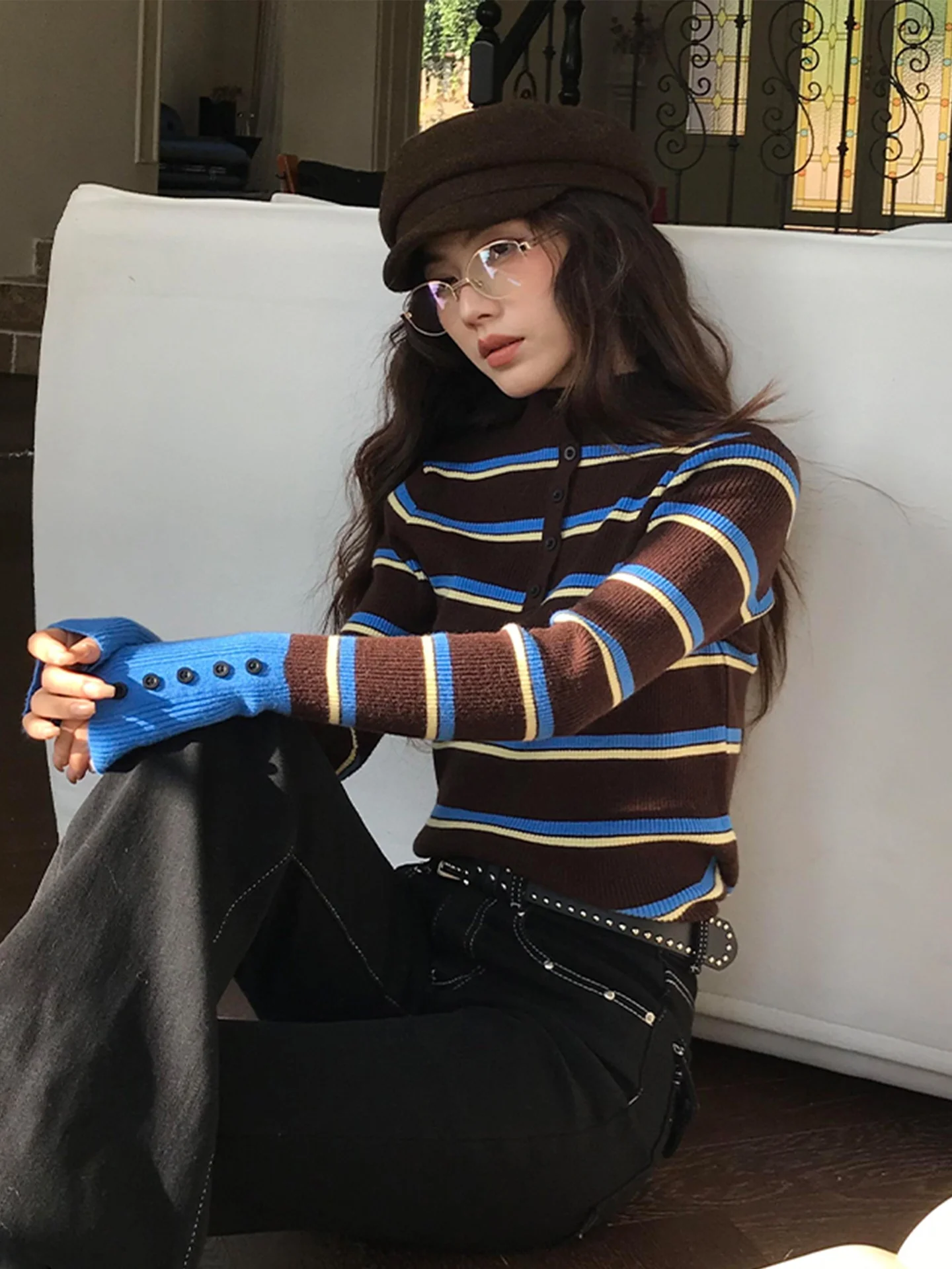 Color coreano Blo rayas Base de punto irt mujer Otoño Invierno diseño único suéter interior f Top de cuello alto