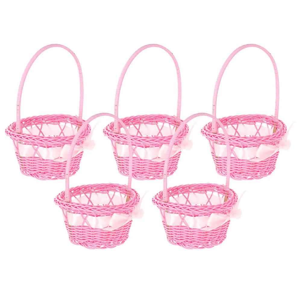 

5pcs Woven Flower With Handle Imitation Rattan Small Basket For Wedding Easter Decor Dried Flowers Storage Rustic Flower Girl