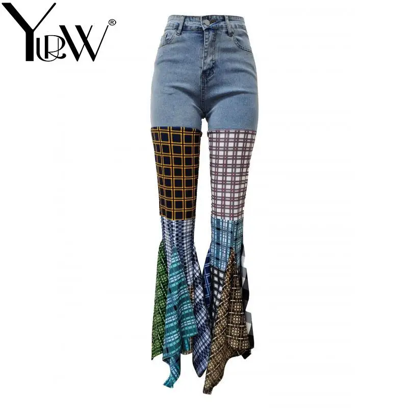 

YUERWAN Women Jeans 2025 Fashion New Plaid Color Matching High Waist Slim Long Flare Jeans All Match Long Denim Pants Trousers