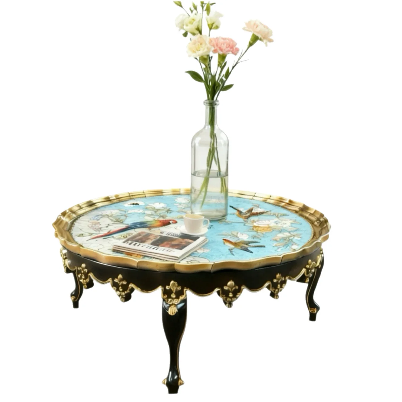 

Customizable hand-painted classic flower and bird French coffee table solid wood carving flower living room retro round table