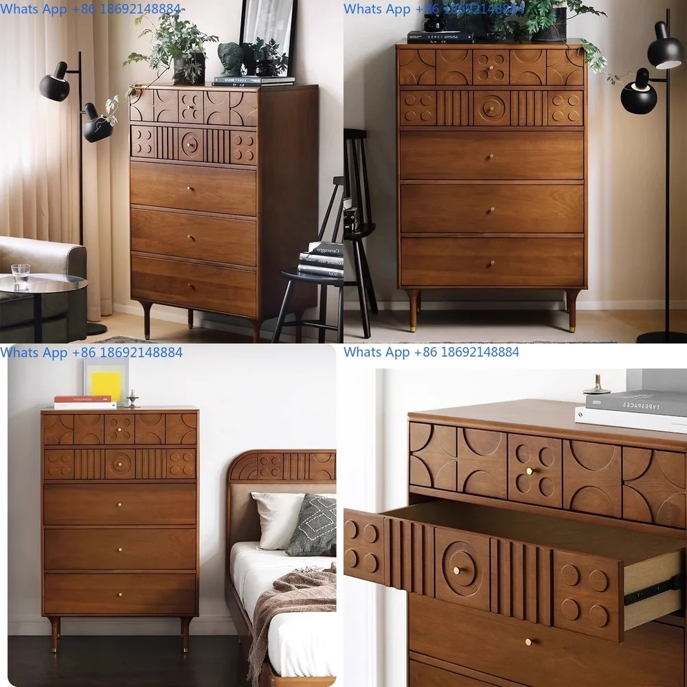 

Vintage Solid Wood Chest of Drawers Living Room Bedroom Storage Cabinet Nordic Carved Design Five Drawer Unit Bedside Furniture