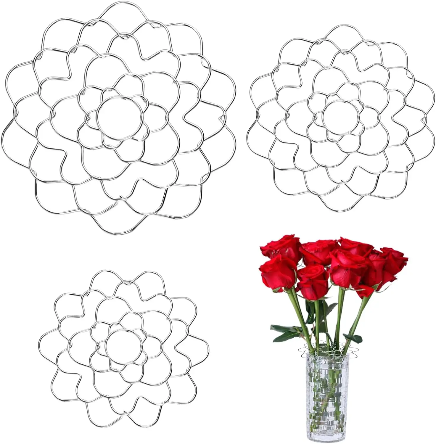 3 Pcs Flower Arrangement Holder, Round Stainless Steel Floral Grid Style, Reusable Wire Flower Arranging Tool for Holding Stems