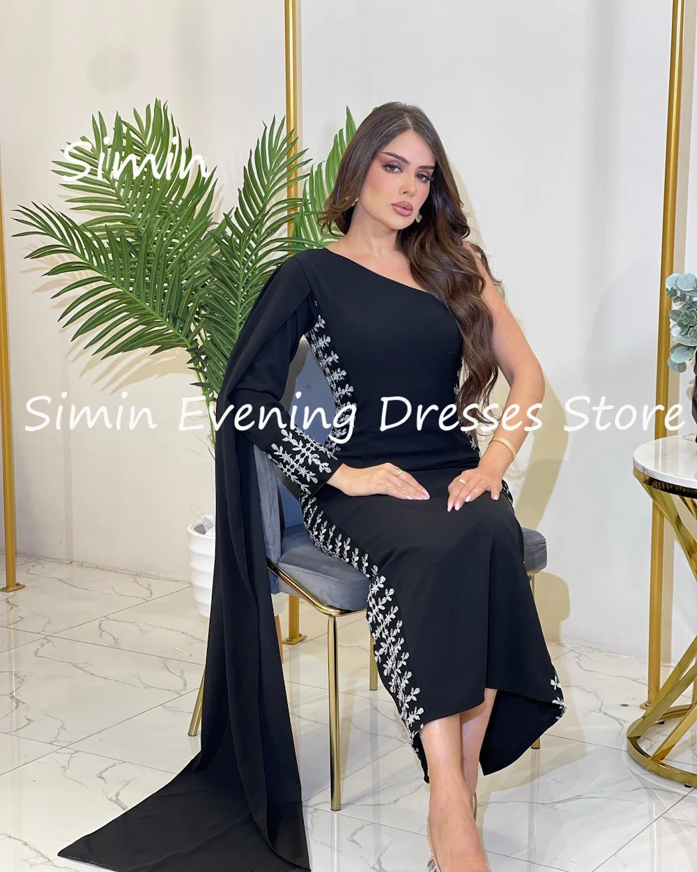 Simin Satin Mermaid One-shoulder Sequins Arab Formal Prom Gown Ankle-length Saudi Evening Elegant Party dresses for women 2023