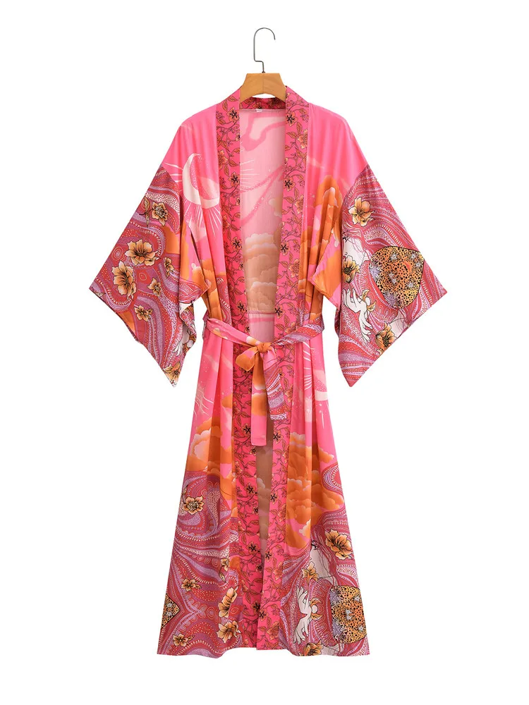BOHO V neck Moon Flower Print Long Kimono Robe Shirt Ethnic Lacing up Bow Sashes Midi Cardigan Loose Blouse Beach Cape femme