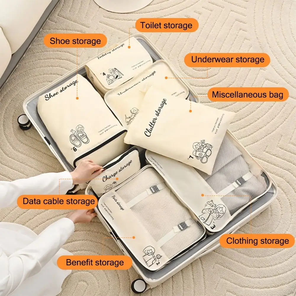 Beige Travel Organizer Storage Bag Multi-functional Multi-size Suitcase Subpackage Bag Dacron High-Capacity Visible Packing Bag