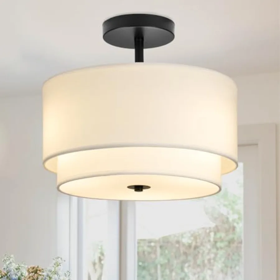 3-Light Semi Flush Mount Ceiling Light Fixture, 12.6inch Modern Close to Ceiling Light with 2-Layer Drum Shade, Entryway Light