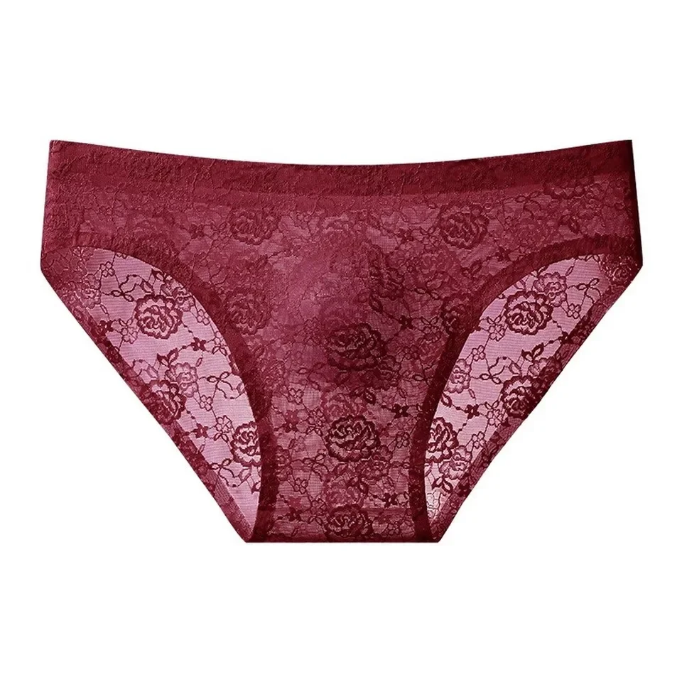 1pc Men's Lace Sheer Ice Silk Briefs Hollow Out Underwear 3D Bulge Pouch See Through Sissy Panties Breathable Comfortable