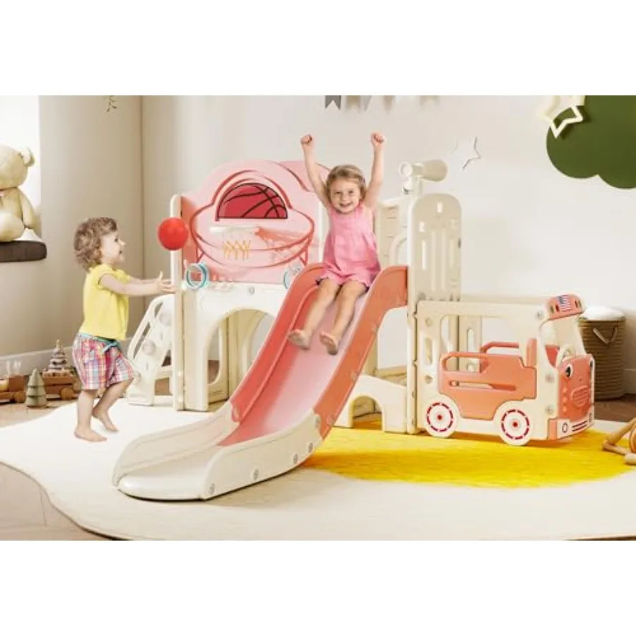 

9 in 1 Toddler Slide Bus-Themed Slide and Climber Playset with Basketball Hoop Ring-Toss Car Playhouse Telescope Freestanding I