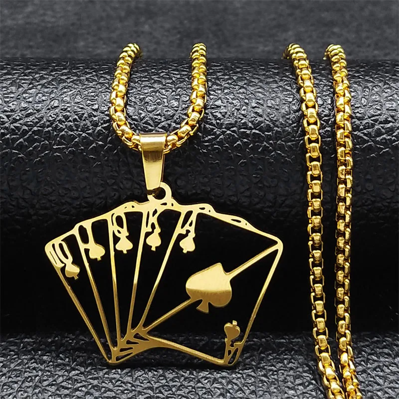 Lucky Ace of Spades Poker 10 J Q K A Necklace Stainless Steel Card Casino Fortune Playing Cards Necklace Jewelry collier6106