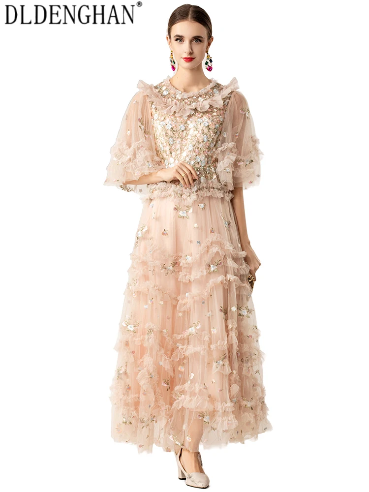 Dldenghan feminino o-pescoço mangas alargamento bordado em camadas borda babados primavera verão boêmio maxi vestido
