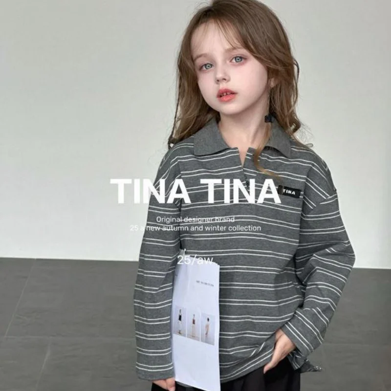 

SeasonSea, полосатый хлопковый свитшот для девочек, осенне-зимний детский пуловер с воротником-поло, топы с длинными рукавами, повседневная детская одежда