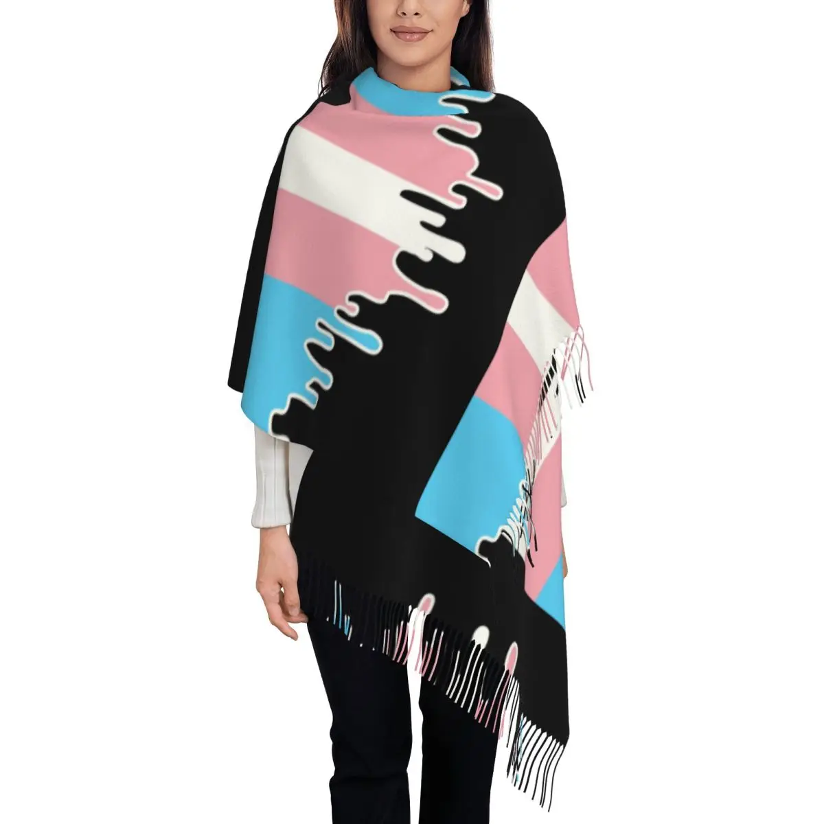 Custom Trans Pride Flag Drip Tassel Scarf Women Soft Transgender LGBT Shawls Wraps Ladies Winter Scarves