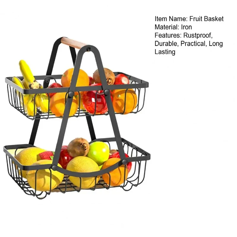 Enjoy New Double Layer Fruit Basket With Wooden Handle Multifunctional Storage Rack Countertop Organizer Heavy Duty Metal Fruit