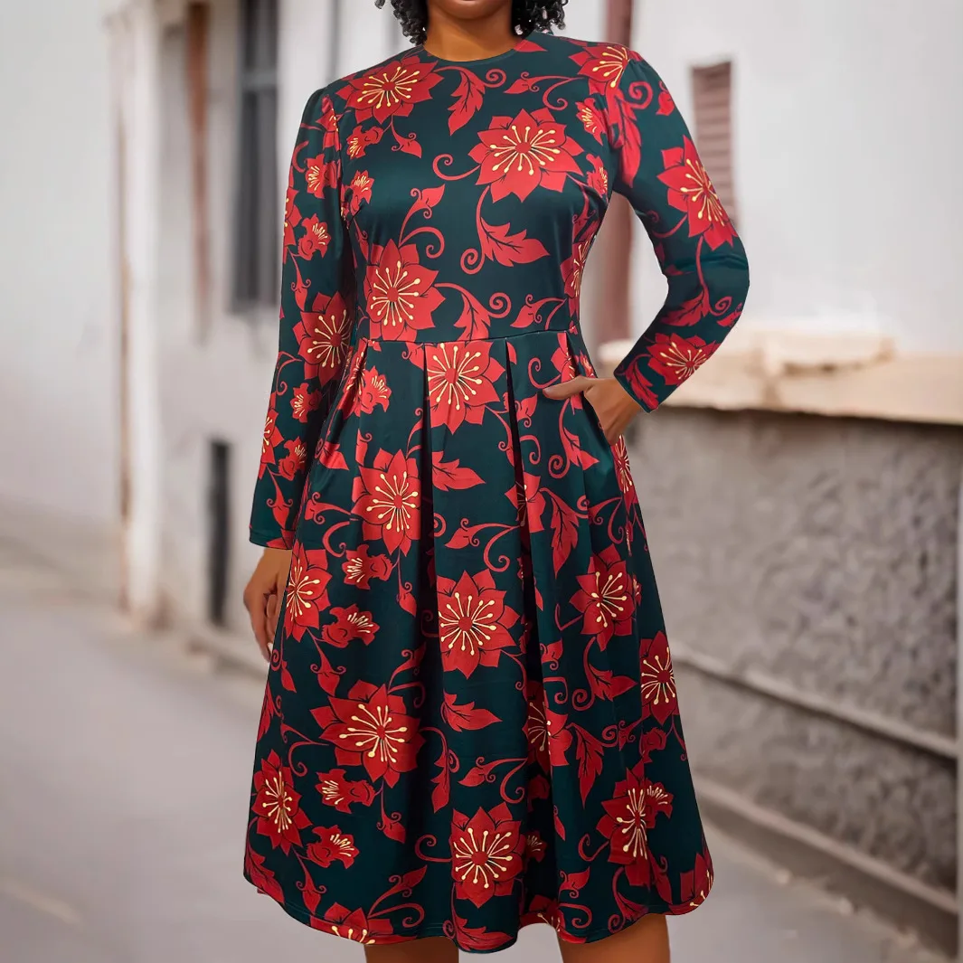 TM-024 plus size feminino manga longa em torno do pescoço vestido flor impressão estilo europeu e americano outono inverno vestido