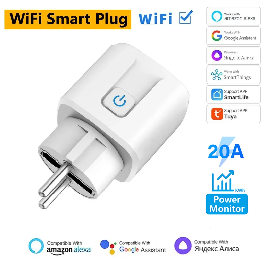 Tuya 20A Smart Plug WiFi Socket EU with Power Monitoring Timing Function Smart Socket Works with Alexa,Google Home,Smart Life