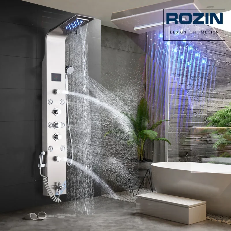 LED Light Bathroom Shower Panel Intelligent LCD Shower Column System with 6 Modes Rain Waterfall Massage Jet Bath Mixer Tap