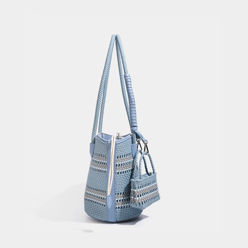 Rattan-Geflecht-Marktkorb-Schultertasche mit passender Geldbörse, handgefertigte gewebte Einkaufstasche für Damen, elegante Tragetasche – Detail 5