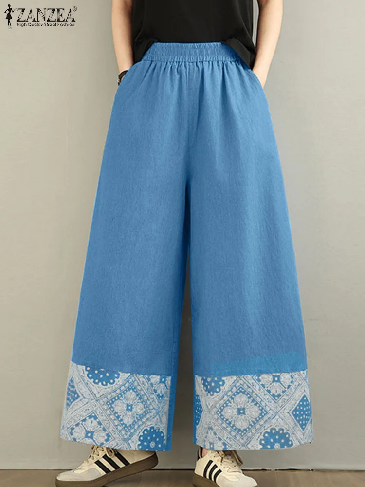 

ZANZEA 2025 винтажные женские длинные брюки, летние брюки с эластичной резинкой на талии, модные повседневные брюки с высокой талией и карманами с принтом