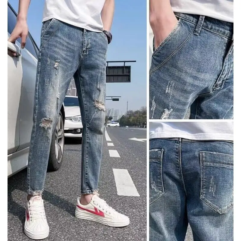 

New Jeans Kpop Men's Slim Fit Jeans Casual Denim Pencil Pants with Holes Spring and Autumn Fashion Ripped Designer Pants Male