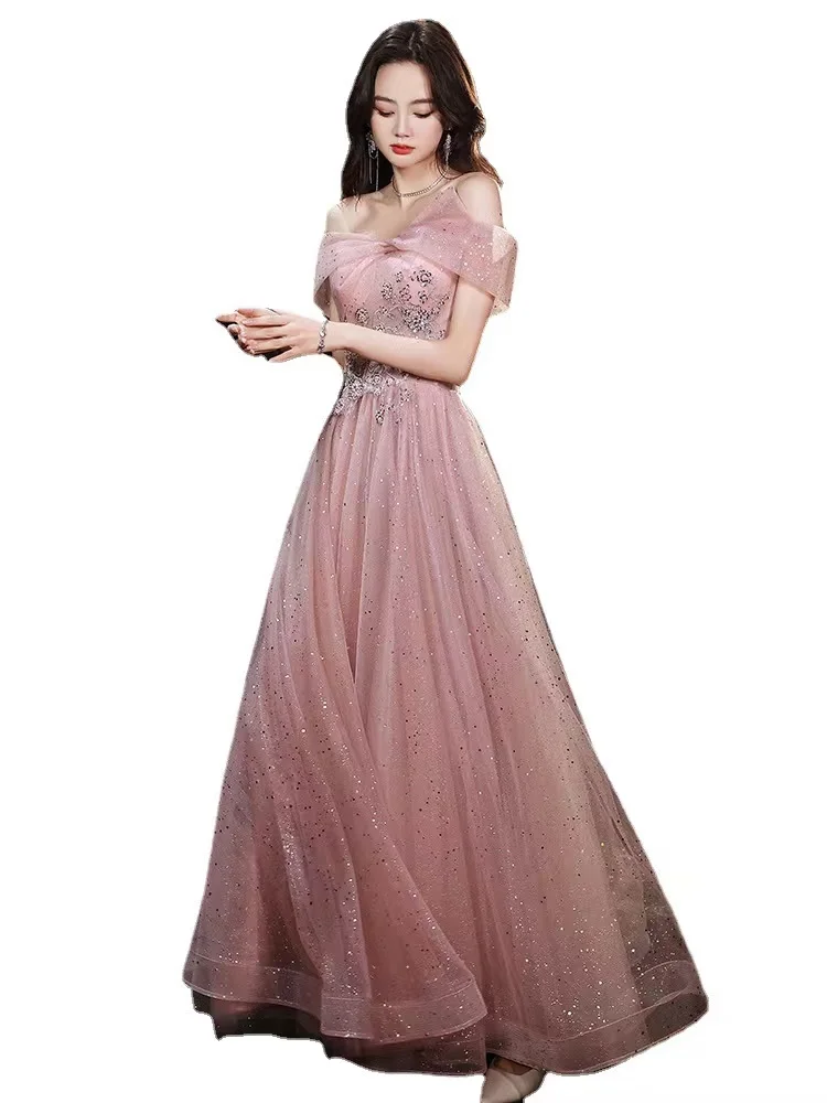 Vestido rosa de lujo para celebridades, fiesta de traje Formal de corte imperio, con lentejuelas y abalorios, con apliques a la moda, longitud hasta el suelo, hombros descubiertos