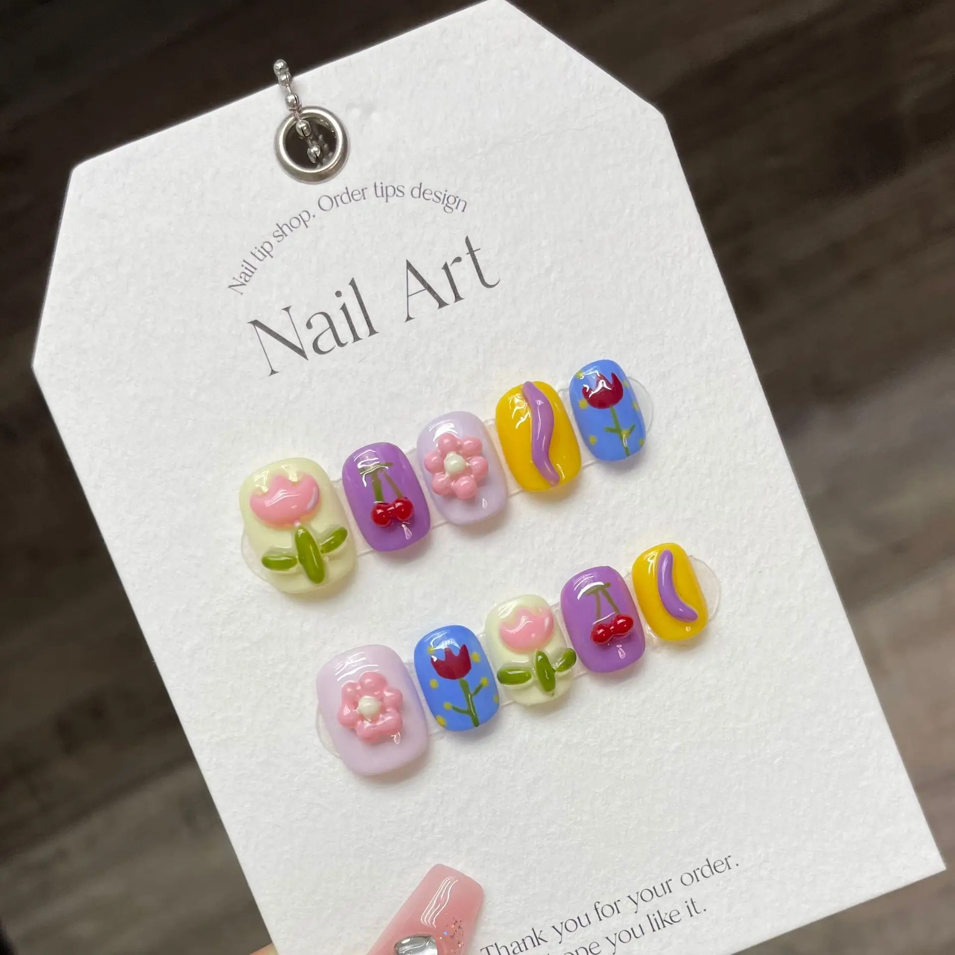 10 PCS Luxury Handmade Press on Nails Short Circle Cartoon Tulip Design False Nails with 4-PIECE Tool Adhesive Nail Glue Tabs