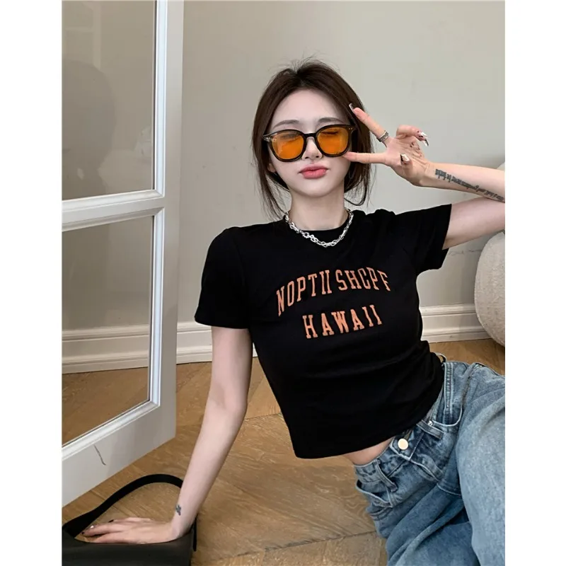 

2025 New Summer Crop Top Letter Slim Print Short Sleeve T-Shirts American Vintage Casual Streetwear Hip Hop Y2k Clothes Tops