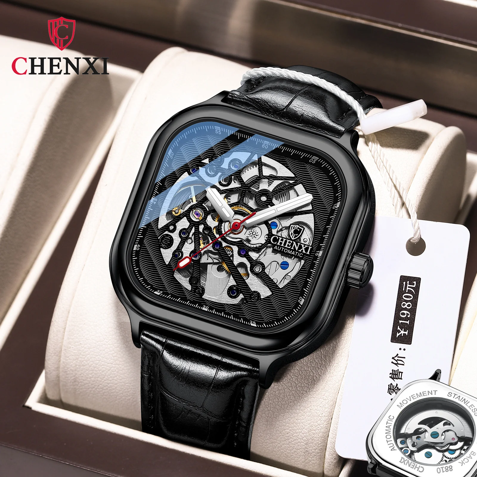 CHENXI 8810B Square The New listing High-end Automaton Mechanical Night Light Hollowing Machine Male Watches Recommend