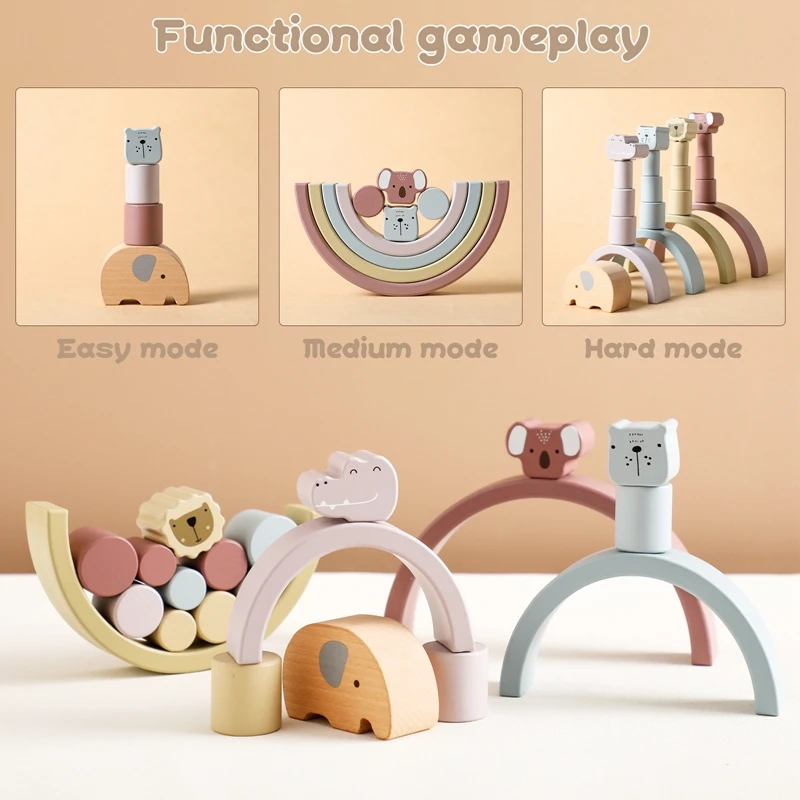 Wooden Toys Rainbow Stacking Blocks Elephant Balance Blocks Educational Balancing Activities Toy Preschool Birthday Gifts YZ21