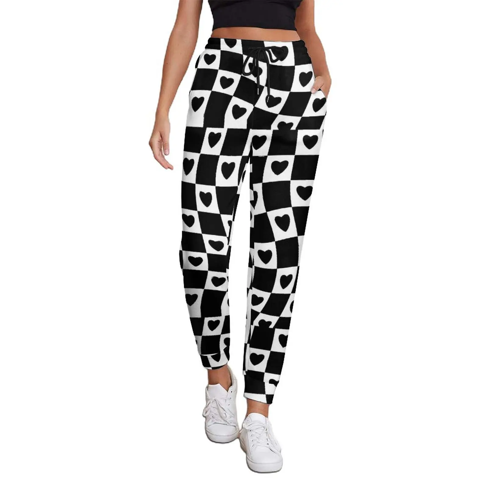 Hearts Check Print Jogger Pants Black And White Trendy Oversize Sweatpants Autumn Womens Design Harajuku Trousers