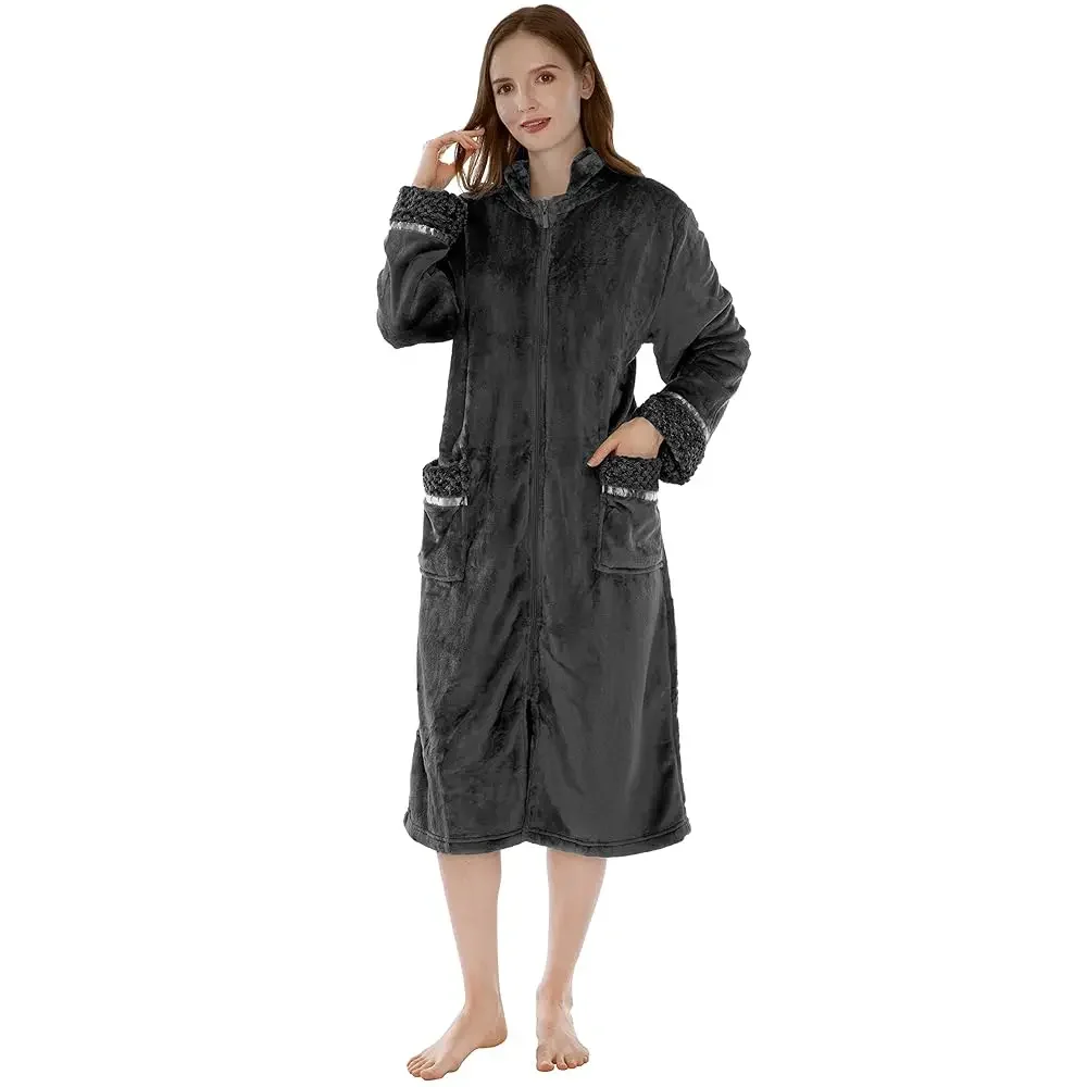 

PAVILIA Womens Housecoat Zip Robe, Fleece Zip Up Front Robe Bathrobe, Plush Warm Zipper House Coat Lounger with Pockets, Long