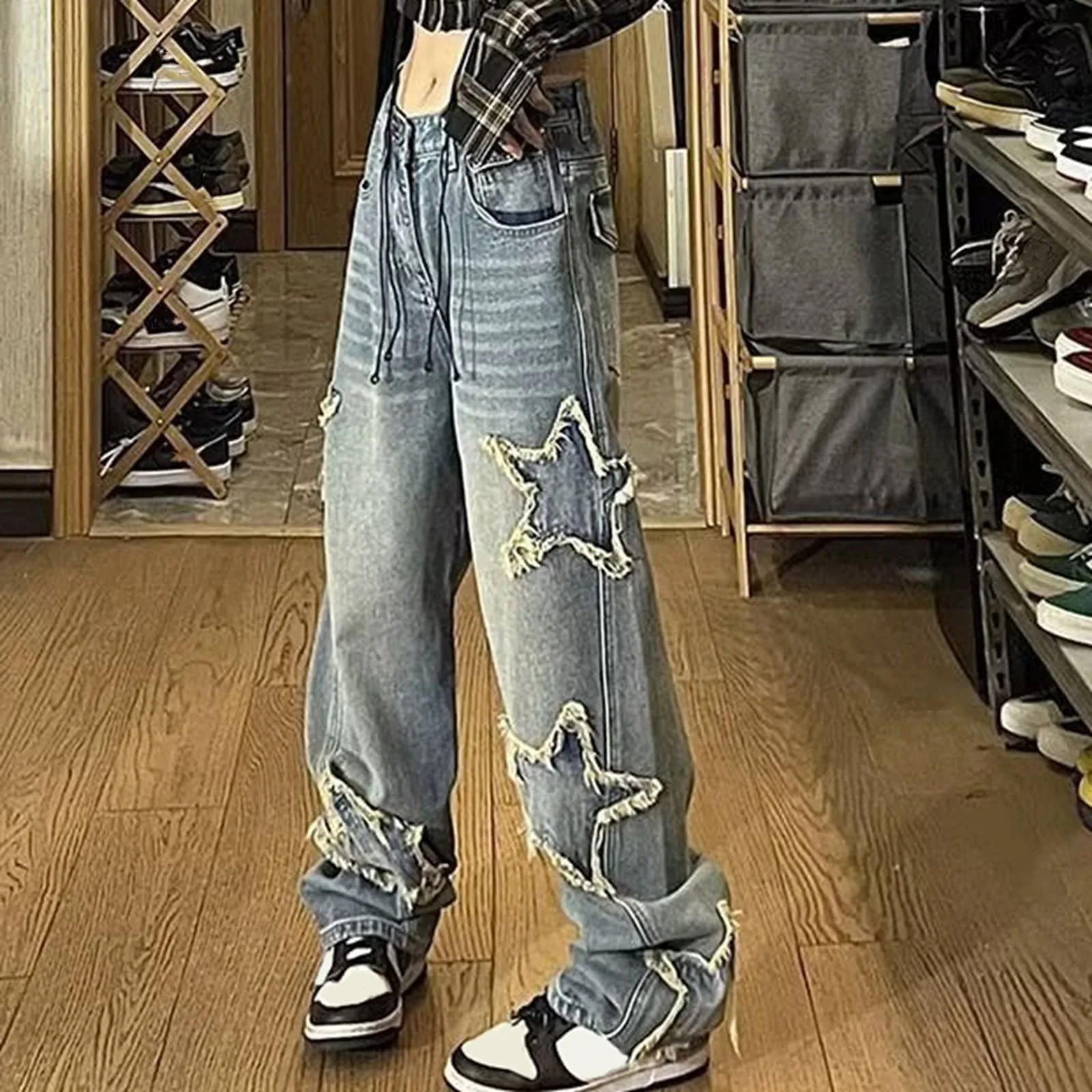 Star Y2k Jeans larghi a gamba larga donna Vintage Streetwear pantaloni in Denim lavato Grunge Basic Slouchy pantaloni blu Femme Jeans autunnali