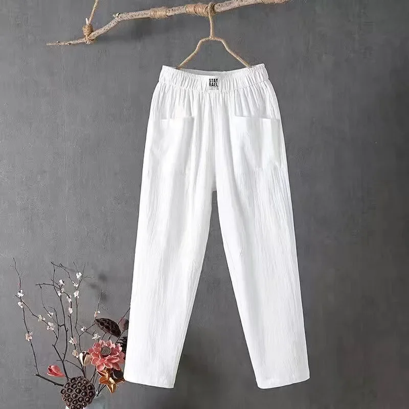 

Women Loose Casual Pocket Cotton Linen Long Straight Pants Cropped Harlan Pants