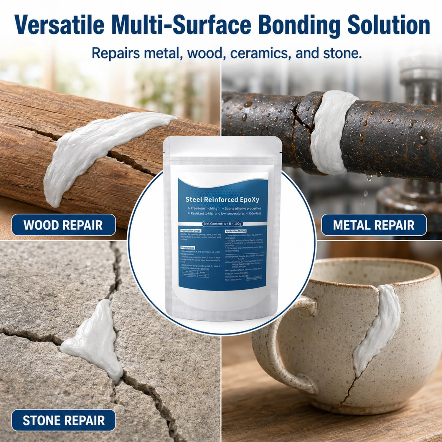 100g A+B Steel Reinforced Epoxy Putty Waterproof Heat-Resistant Epoxy Repair Filler Putty Filler AB Epoxy Clay for Filling Crack