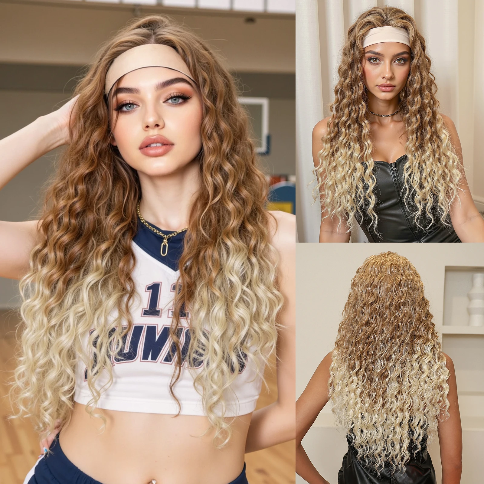 

LOUIS FERRE Длинные вьющиеся коричневые синтетические парики блондинки с эффектом омбре для женщин, парики с повязкой на голову с естественной волной, термостойкие повседневные парики для косплея