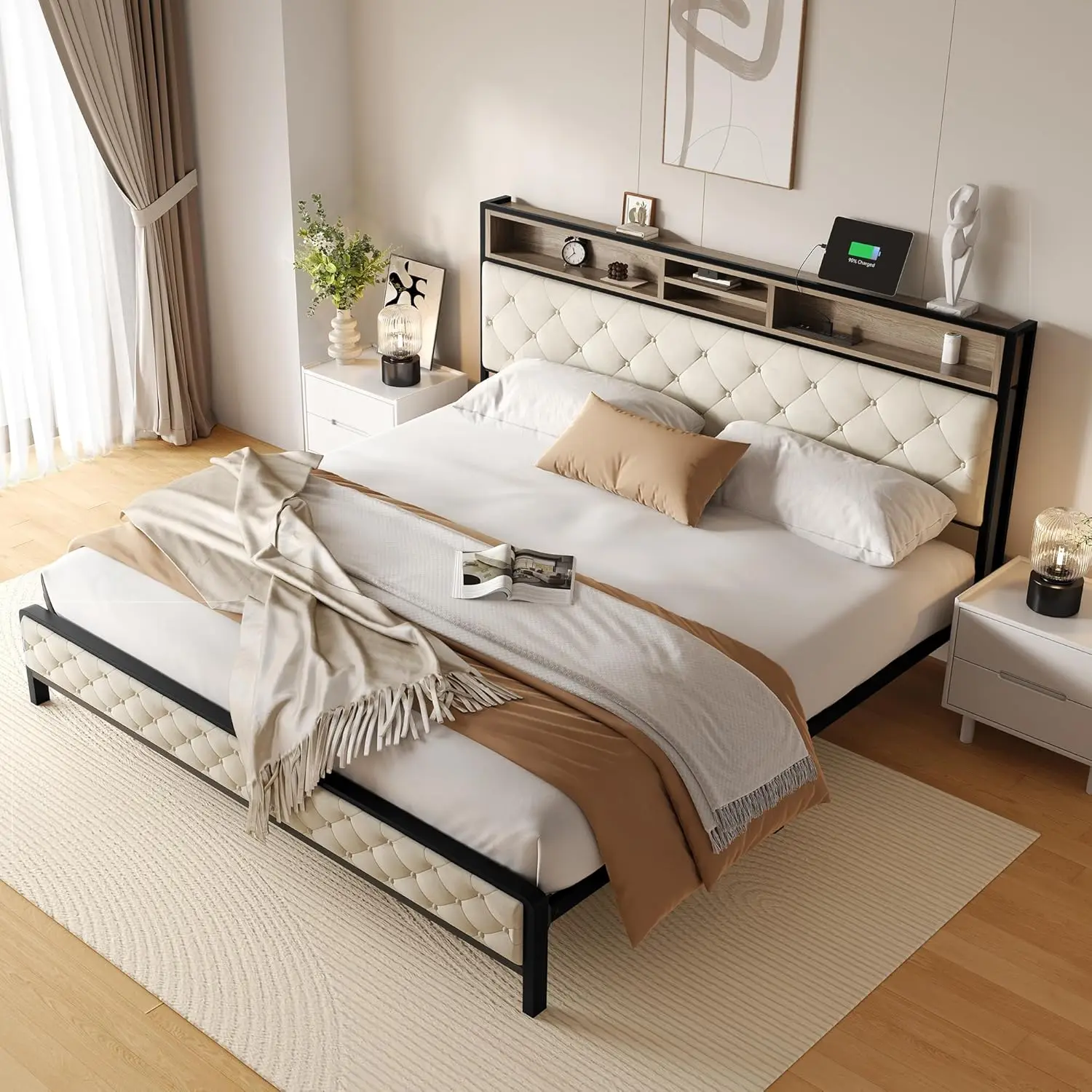 King Size Bed Frame, Platform Bed Frame with Charging Station, Upholstered Storage Headboard & Footboard Metal Slats Supports Ma